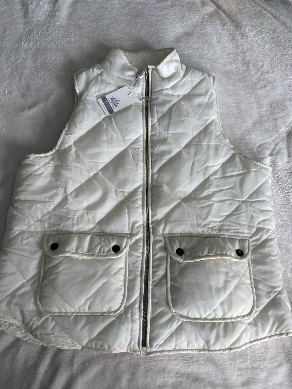 Mudpie Duncan Vest Women's L Cream Quilted Sherpa Zip Front Snap Pockets NWT